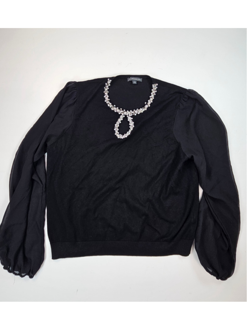 Adrianna Papell Sweater Women L Black Jeweled Rhinestone Sheer Puff Sleeve